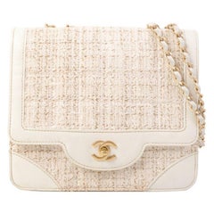 Vintage Chanel Around 2000 Made Tweed Leather Combination Turn-Lock Chain Bag White