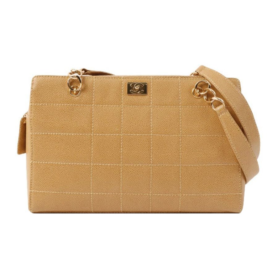 Chanel Around 2001 Made Caviar Skin Square Turn-Lock Chocolate Bar Shoulder Bag For Sale