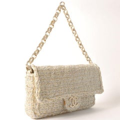 Chanel Around 2007 Made Tweed Cc Mark Plate Chain Shoulder Bag Beige/Silver/Gold
