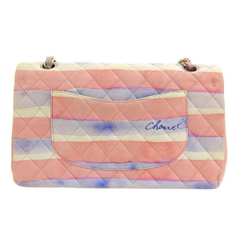 Chanel Around 2009 Made Watercolor Logo Print Classic Flap Chain Bag 25Cm Pink/Blue/White

Additional information:
Measurements: H 15 x W 25 x D 6 cm 
Shoulder drop: Double: 54cm 
Single: 90cm

This item has been used and may have some minor flaws.
