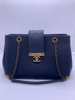 CHANEL Around The Corner Shopping Tote Navy Quilted Calfskin Chain Handles 2-Way