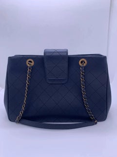 CHANEL Around The Corner Shopping Tote Navy Quilted Calfskin Chain Handles 2-Way