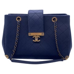 CHANEL Around The Corner Shopping Tote Navy Quilted Calfskin Chain Handles 2-Way