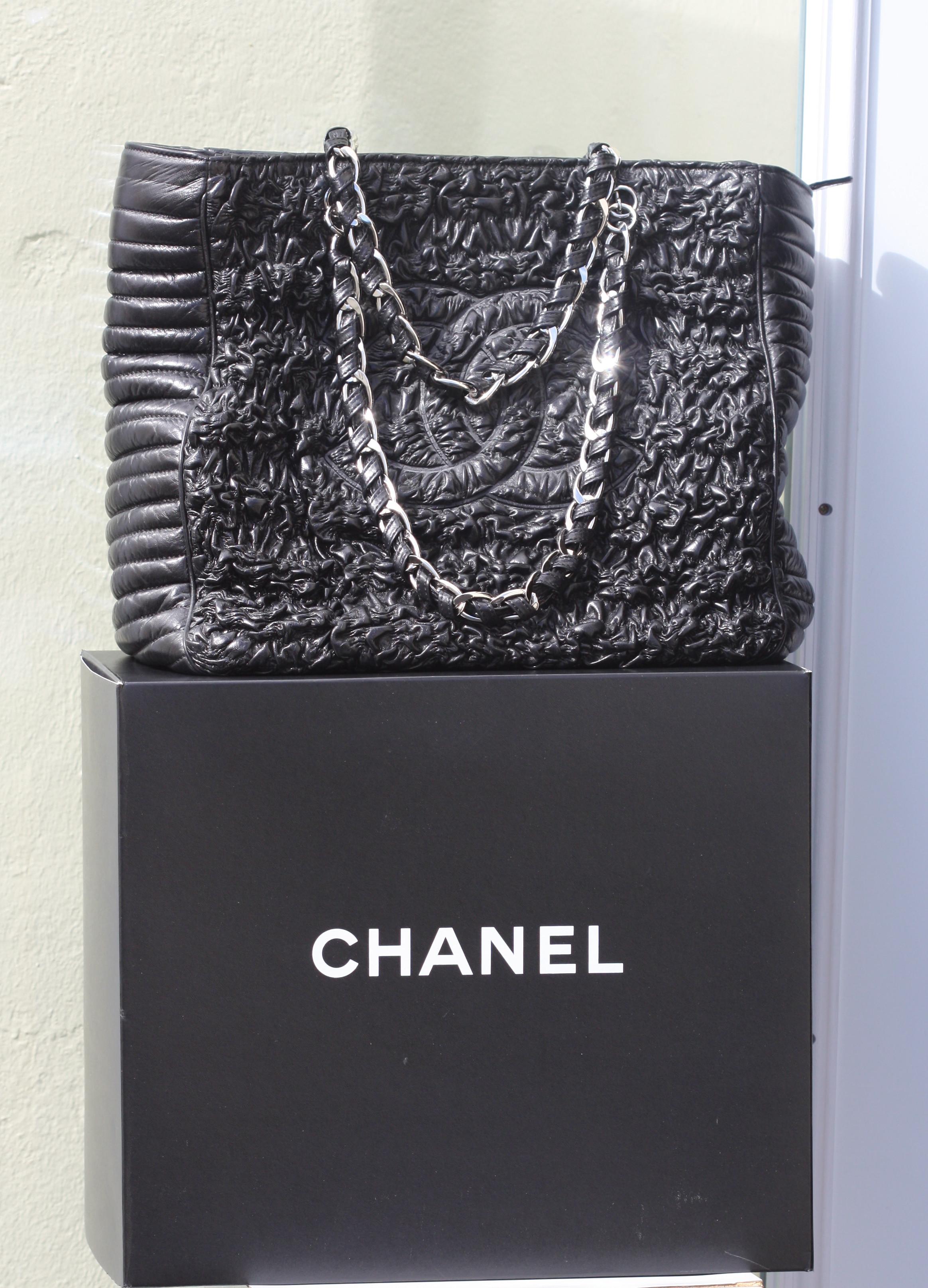Women's or Men's Chanel Astrakhan Black Leather Ruched Shopping Tote, Limited Edition  For Sale