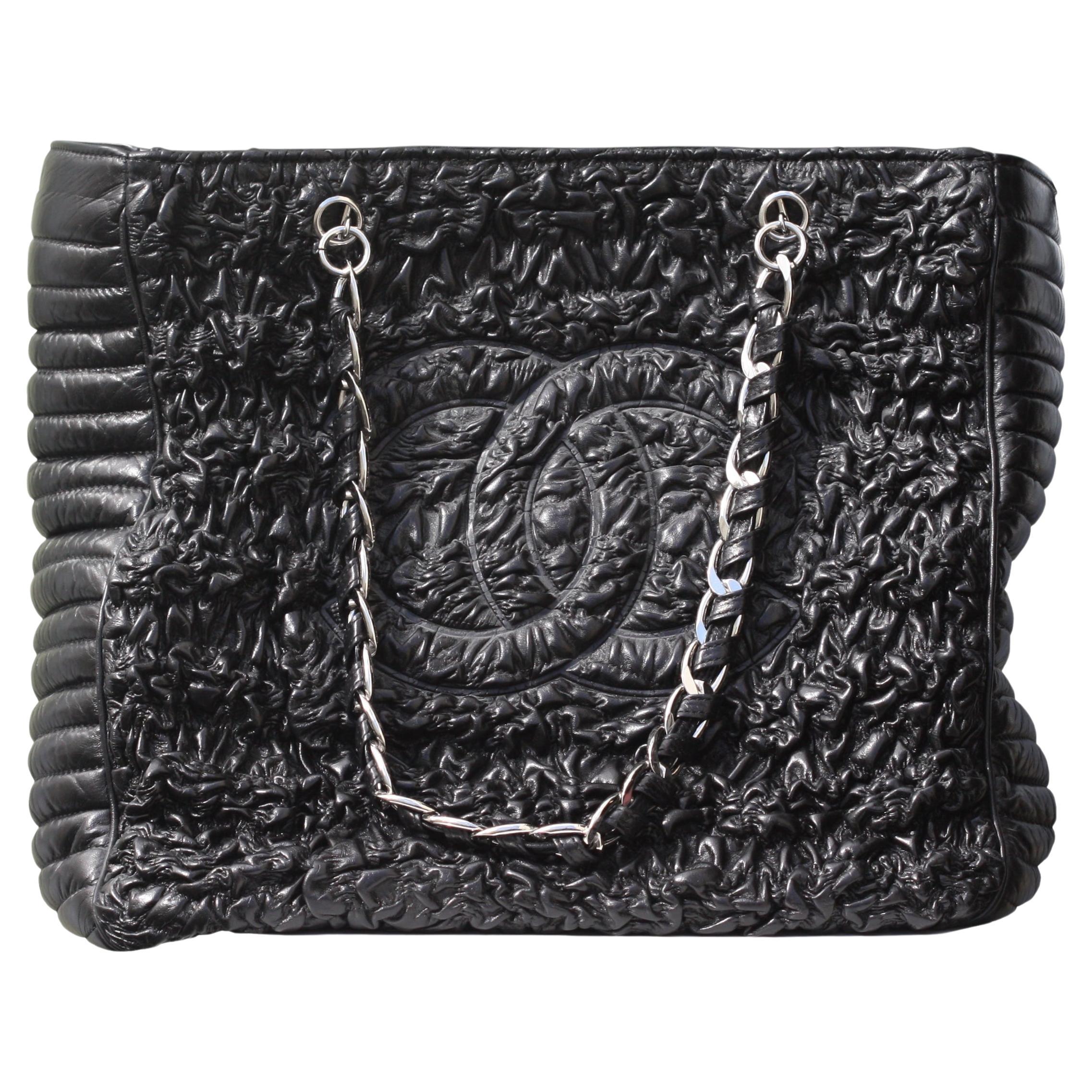 Chanel Astrakhan Black Leather Ruched Shopping Tote, Limited Edition  For Sale