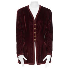 Vintage CHANEL aubergine purple velvet trim glided button silk flare court jacket FR44