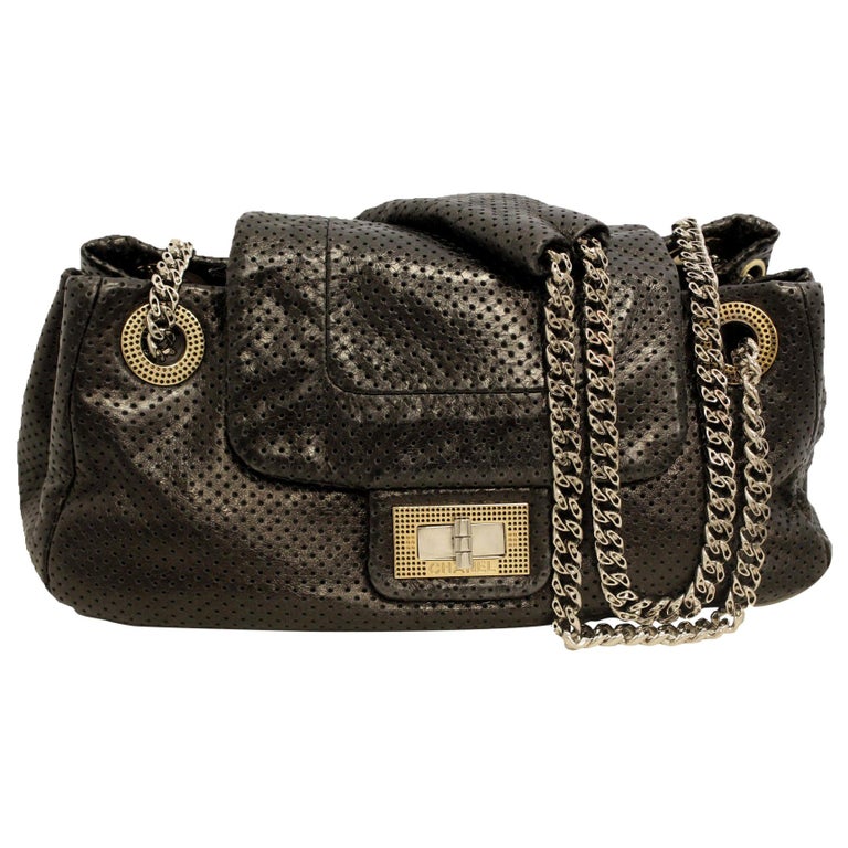 Chanel Authentic Black Perforated Leather Drill Flap Bag With Silver Tone  Chain at 1stDibs