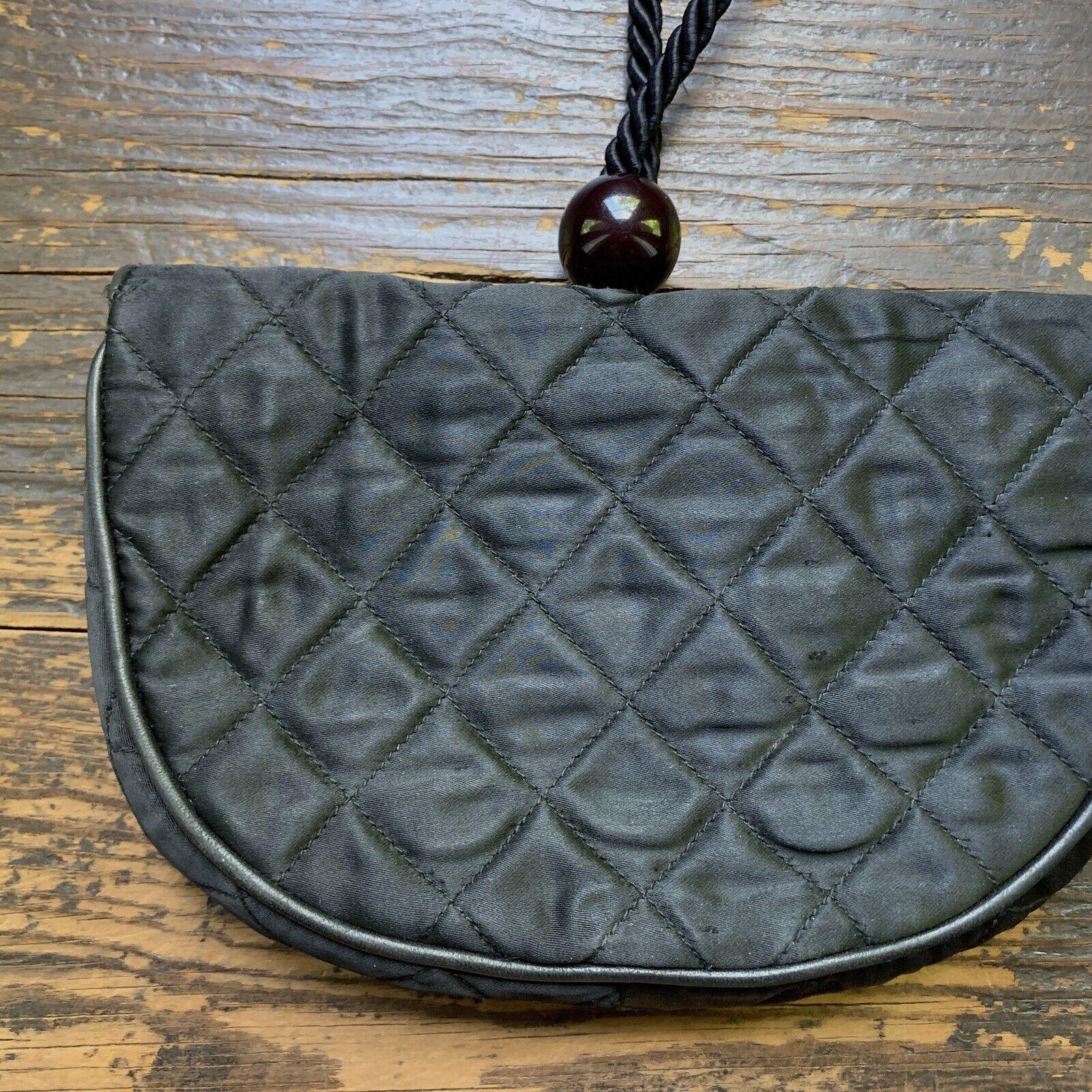 CHANEL Authentic RARE CC Logo VINTAGE 1980s Black Satin Handbag Purse ITALY For Sale 3