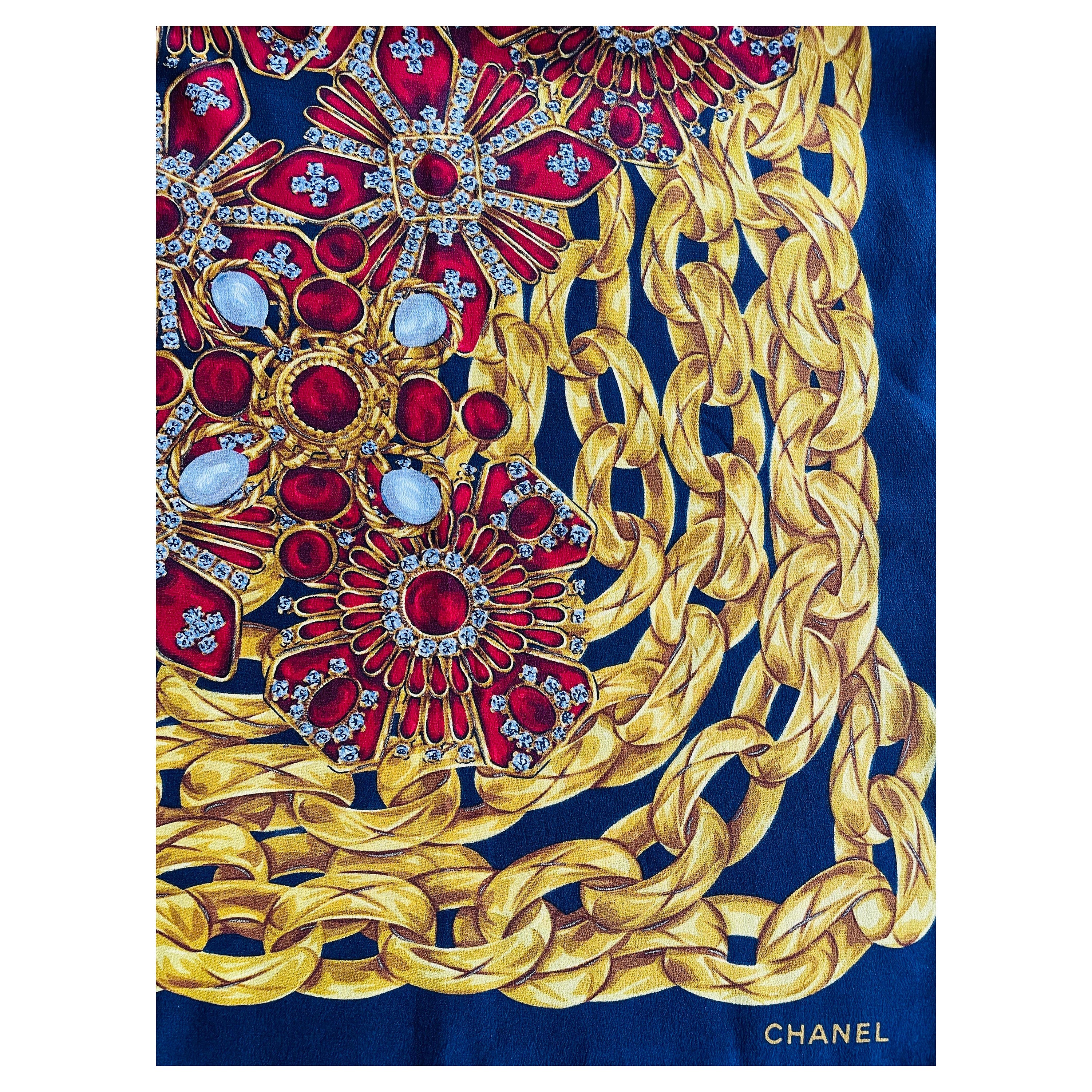 CHANEL authentische Vintage Seidenschal Perle gripoix Gold Ketten rote Juwelen