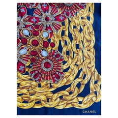CHANEL authentic vintage silk scarf pearl gripoix gold chains red jewels