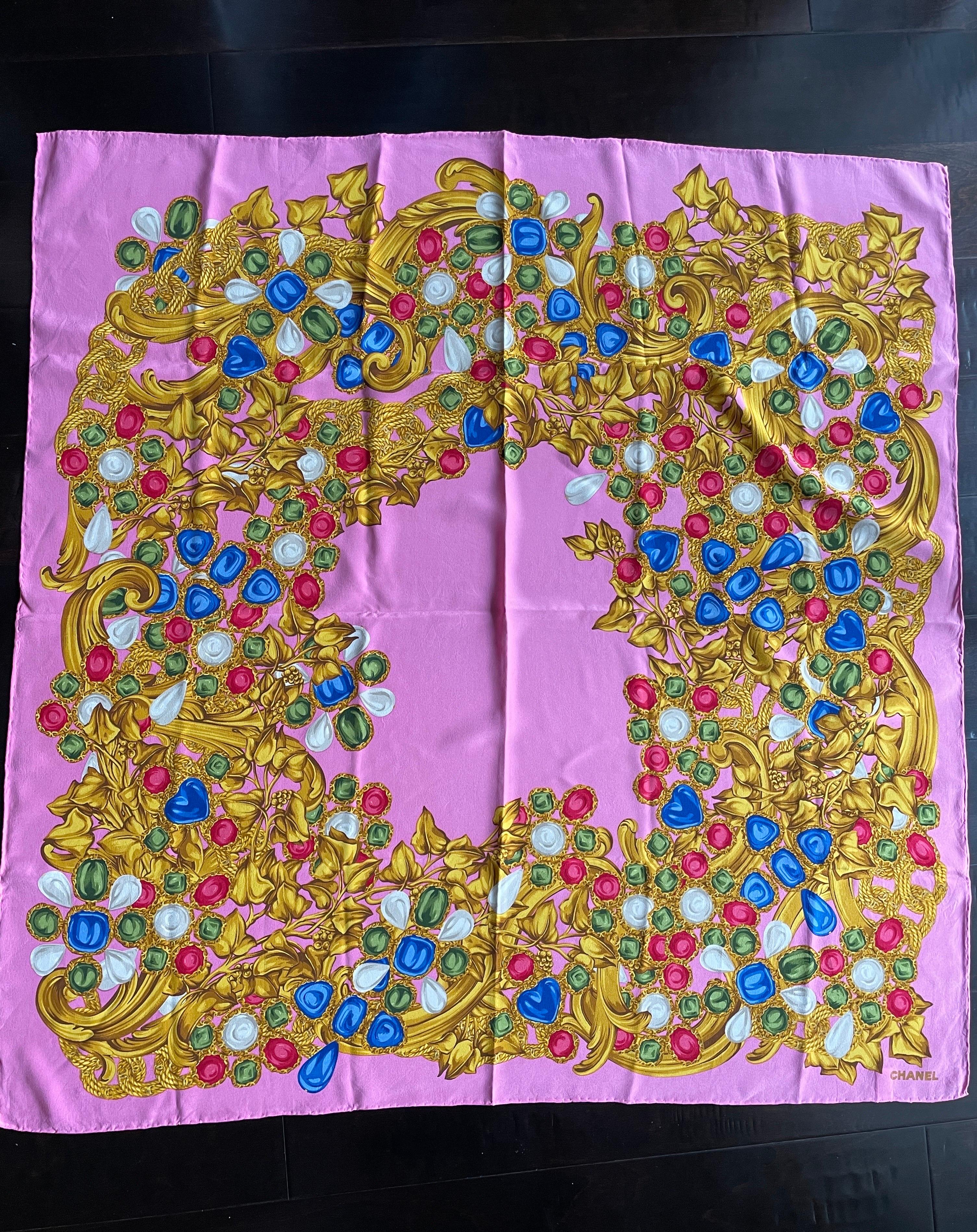 Brown CHANEL authentic vintage silk scarf pink gripoix gold chains jewels