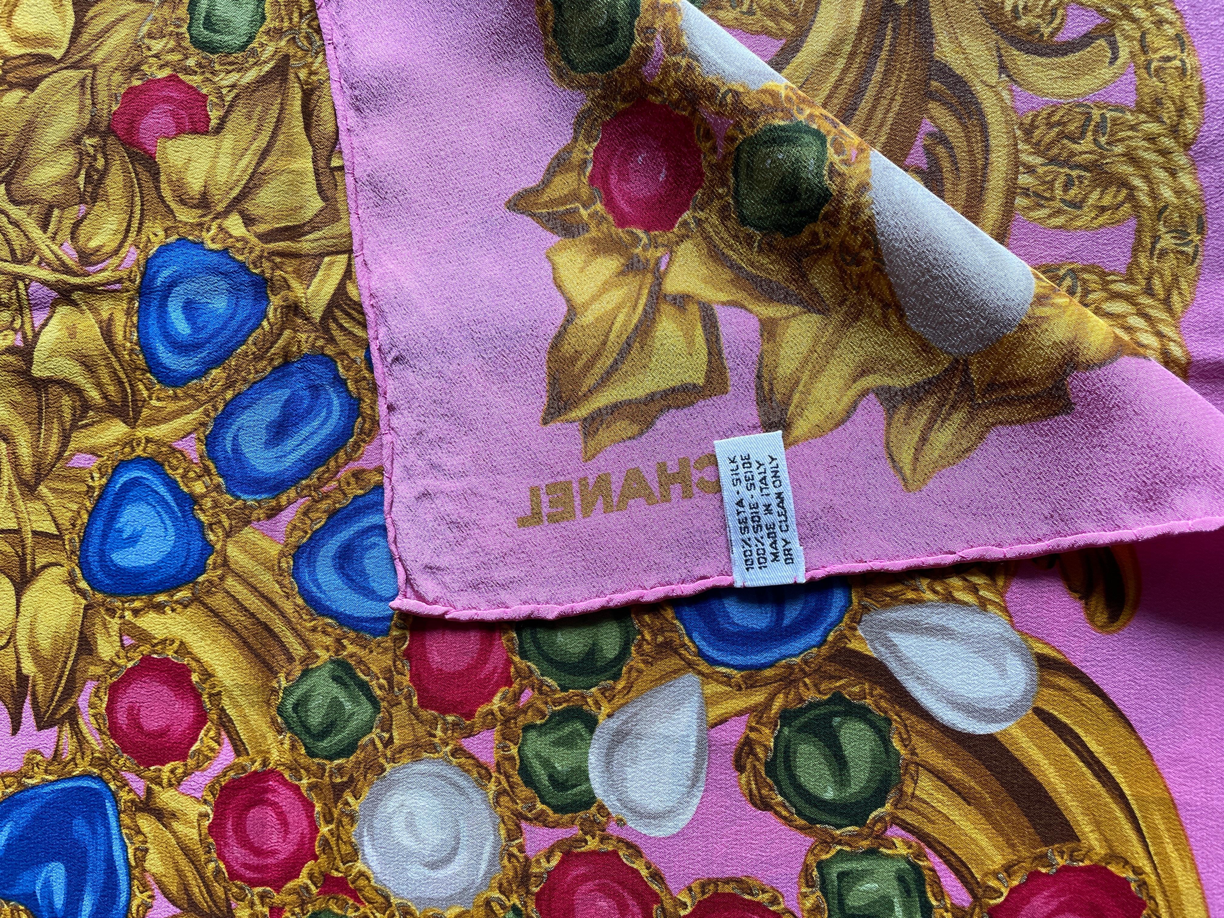 CHANEL authentic vintage silk scarf pink gripoix gold chains jewels In Excellent Condition In Palos Hills, IL