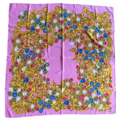CHANEL authentic vintage silk scarf pink gripoix gold chains jewels