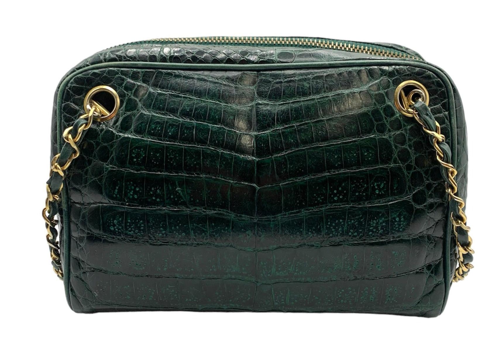 Black Chanel Authenticated Green Crocodile Camera Shoulder Bag, 1980s For Sale