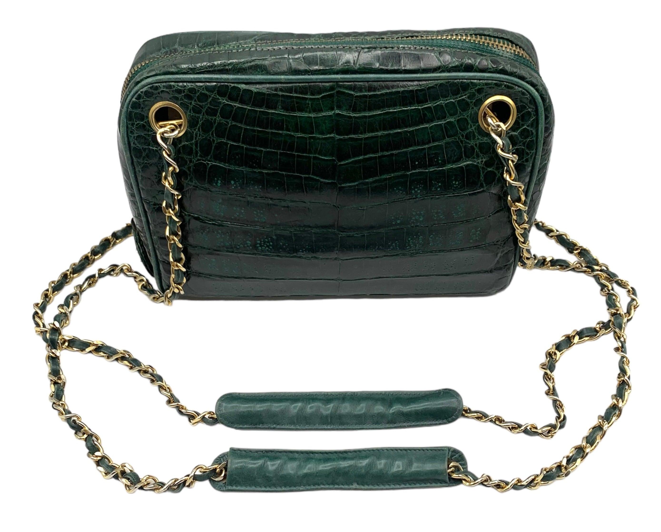 Chanel Authenticated Green Crocodile Camera Shoulder Bag, 1980s For Sale