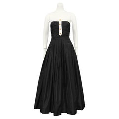 Chanel Autumn 1986 Runway Strapless Black Taffeta Tea Length Dress  