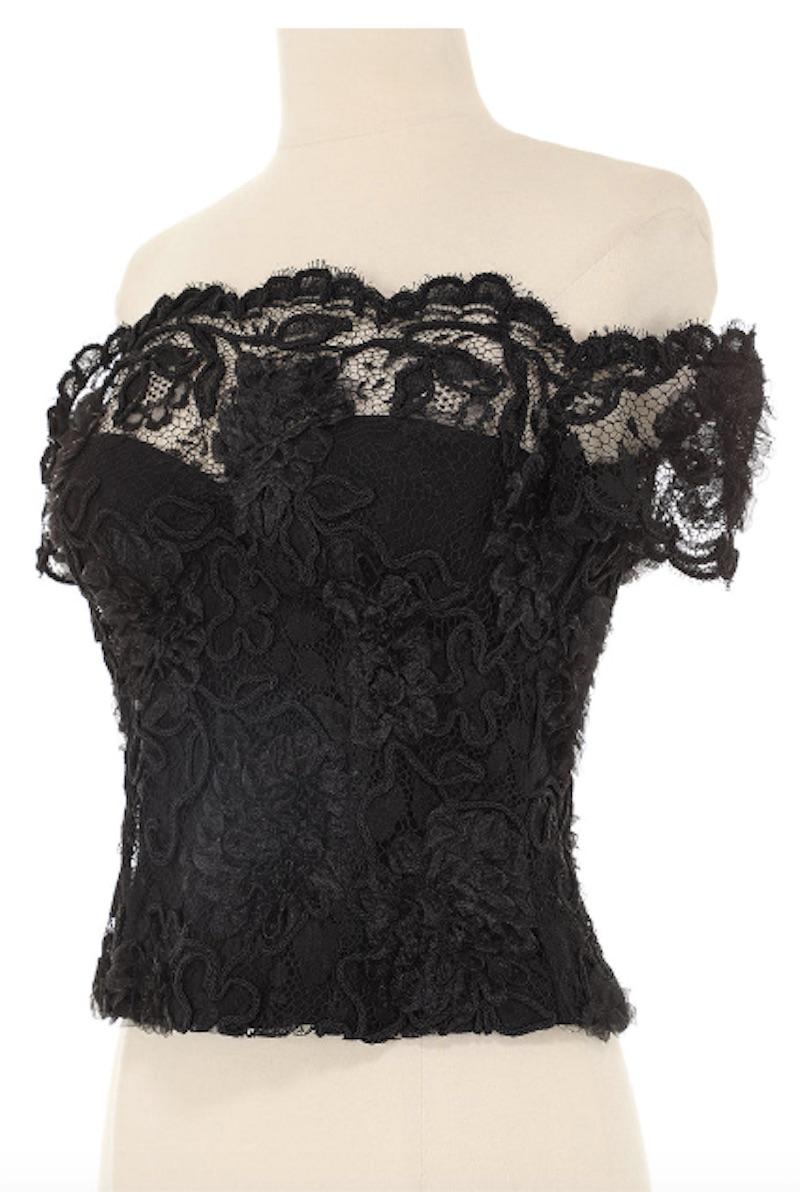 Chanel Autumn 1995 Black Lace Short Sleeve Blouse In Excellent Condition In New York, NY