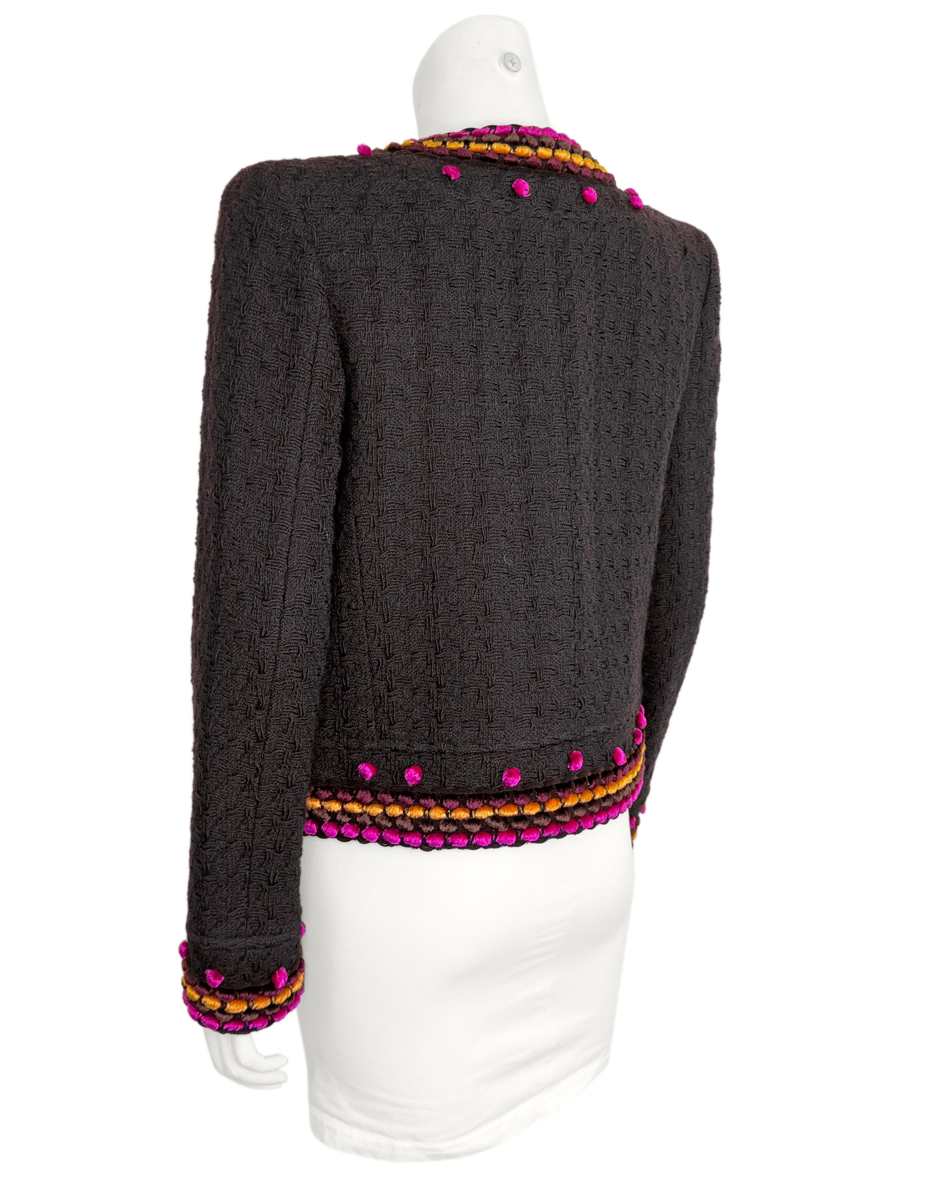 Chanel Automne 1997 Veste en laine bouclée Brown avec  Bordure en velours chenille Pour femmes en vente