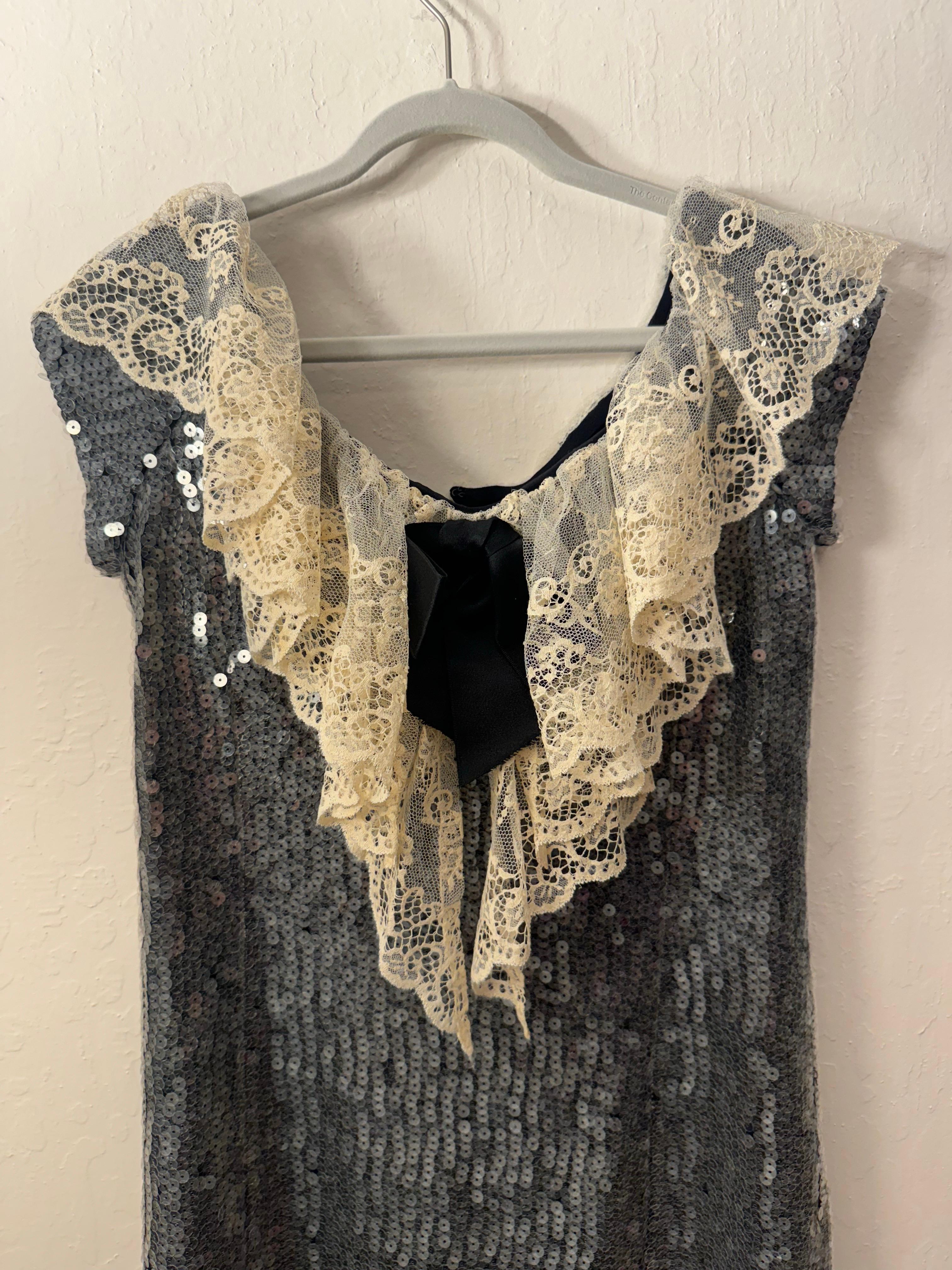 Black Chanel Autumn ’94 Lace Collar Sequin Shift Dress For Sale