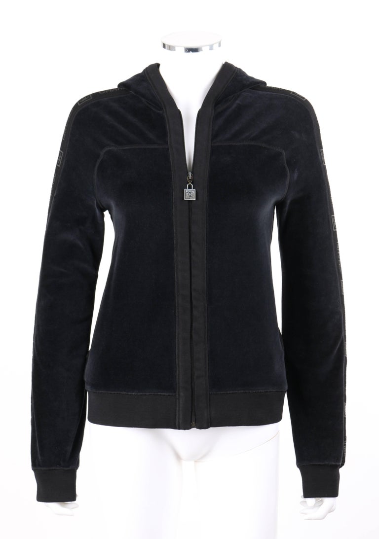 CHANEL A/W 2005 Black Velour Zip Up Signature Hooded Sweater Track Jacket  at 1stDibs
