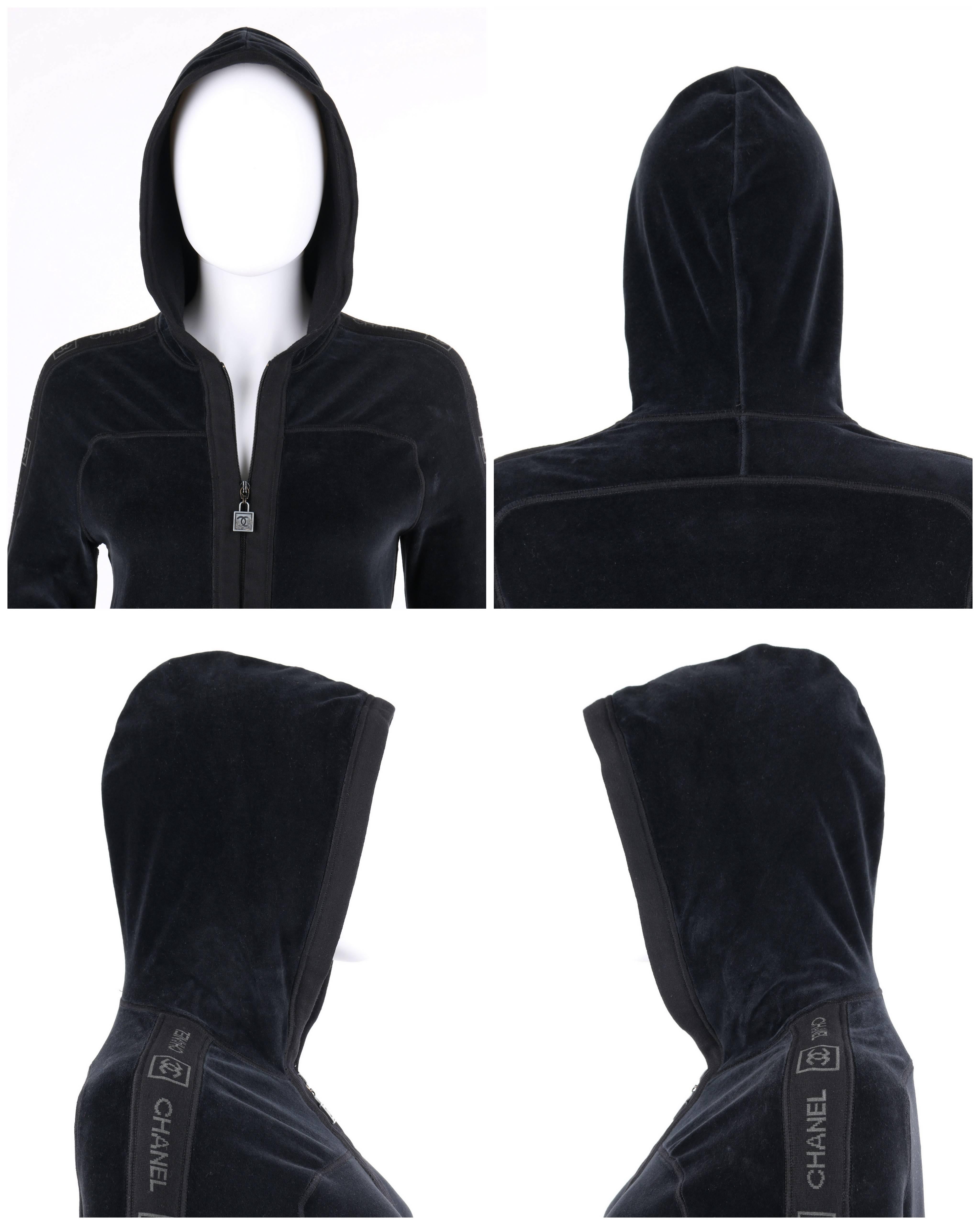 CHANEL A/W 2005 Black Velour Zip Up Signature Hooded Sweater Track Jacket 2