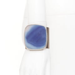 CHANEL B12A blue cushion cabochon stone CC engraved brushed silver cuff bangle