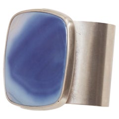 CHANEL B12A blue cushion cabochon stone CC engraved brushed silver cuff bangle