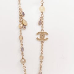 CHANEL B12C beige grey CC logo resin crystal gold chain sautoir long necklace