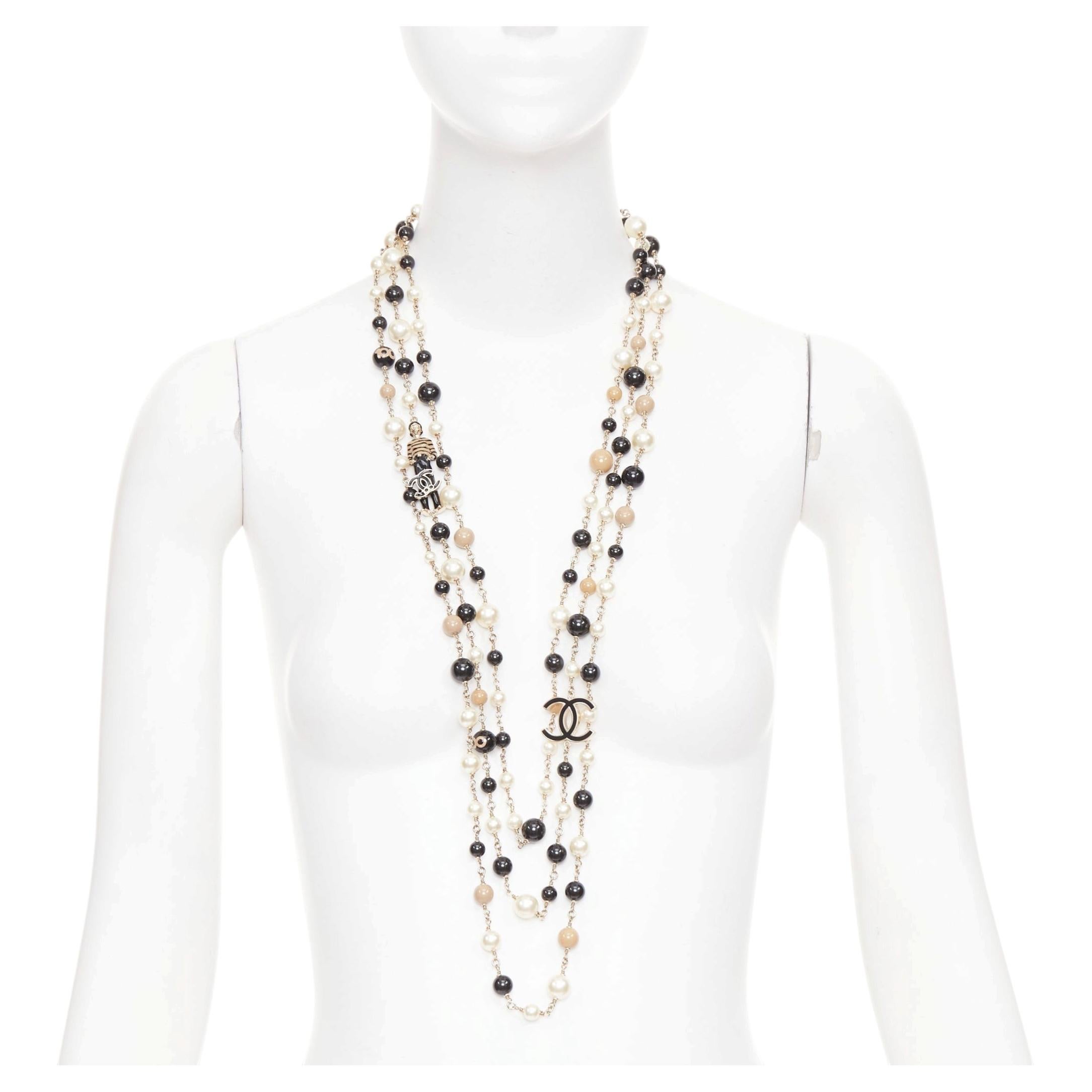 CHANEL B14C Coco Mademoiselle Figure black beige pearl triple sautoir necklace