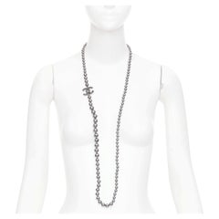 CHANEL B15P CC grey ruthenium metallic glass pearl long strand sautoir necklace