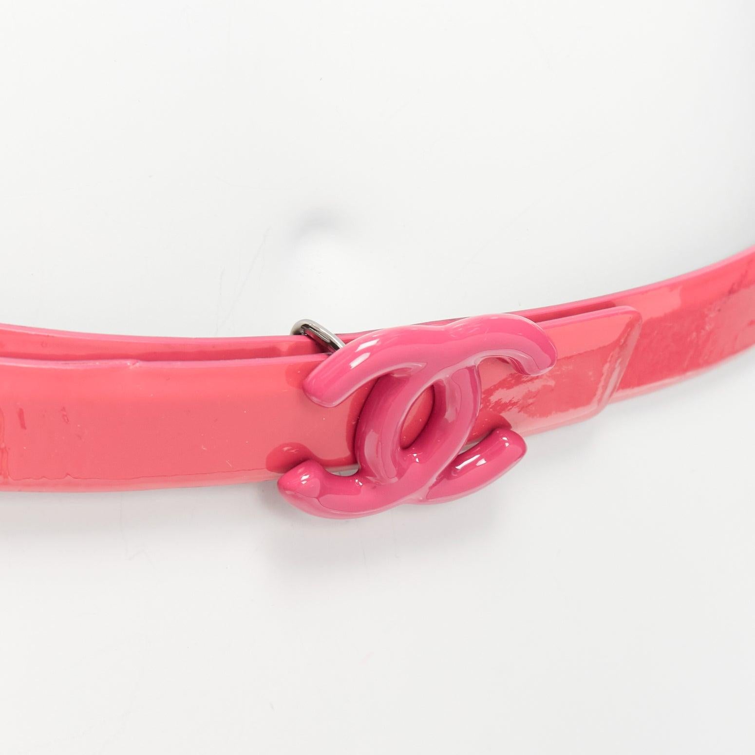 CHANEL B15P hot pink patent leather CC logo buckle skinny belt 70cm
Reference: AAWC/A01194
Brand: Chanel
Collection: B15P
Material: Patent Leather
Color: Pink
Pattern: Solid
Closure: Belt
Lining: Black Leather
Made in: Italy

CONDITION:
Condition: