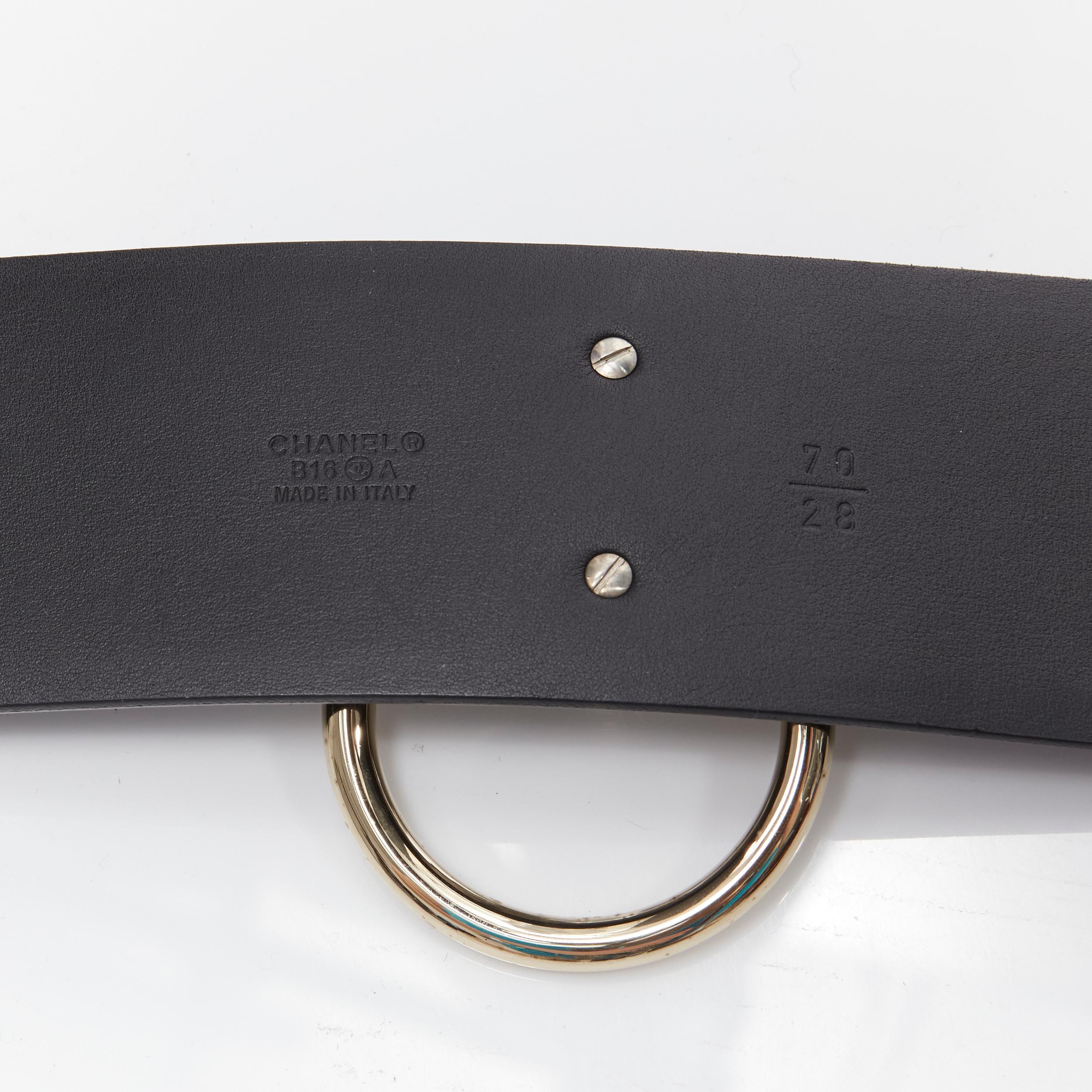 CHANEL B16A CC logo crystal gold metal hoop black leather waist belt 70cm 6
