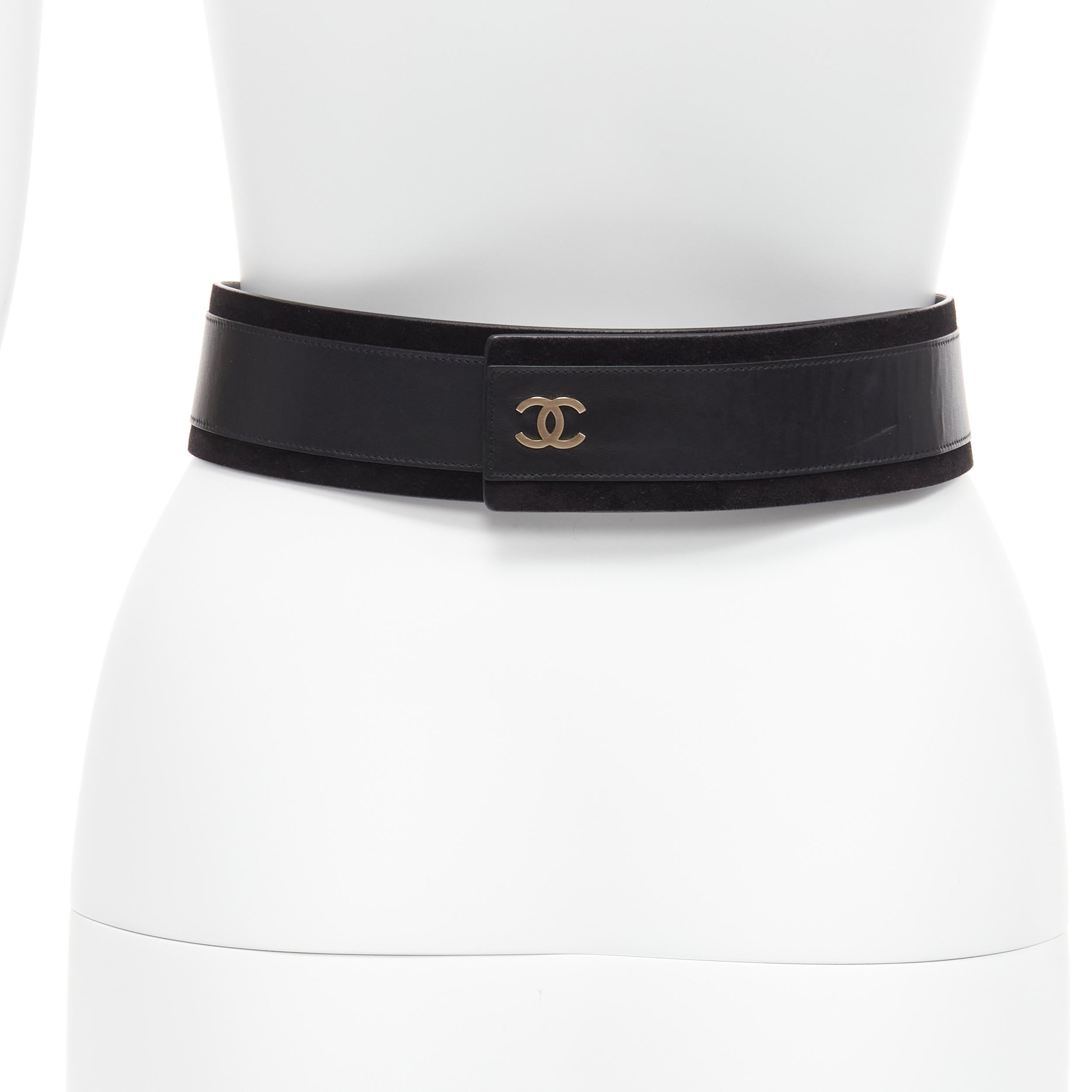 CHANEL B16A CC logo crystal gold metal hoop black leather waist belt 70cm 1