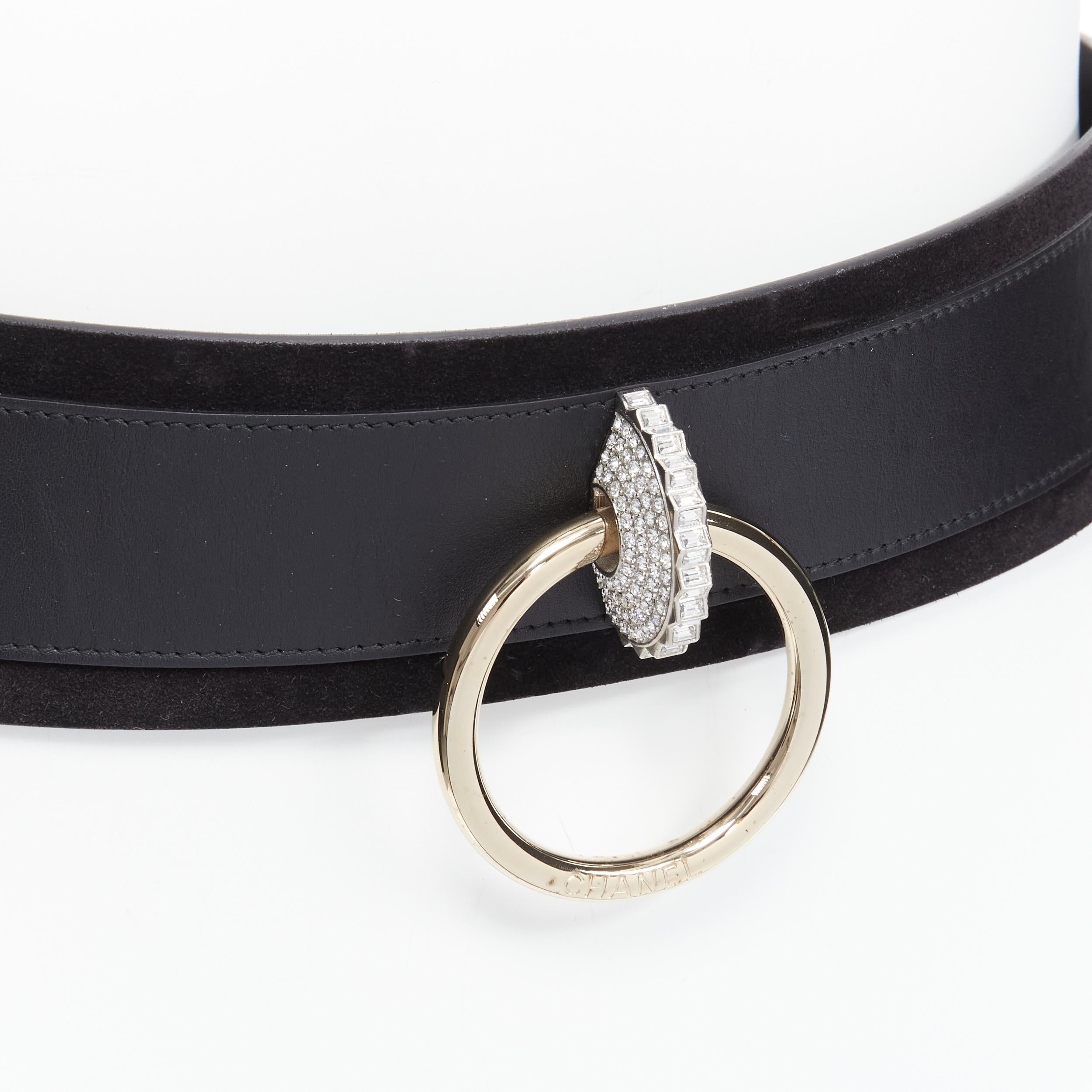 CHANEL B16A CC logo crystal gold metal hoop black leather waist belt 70cm 3