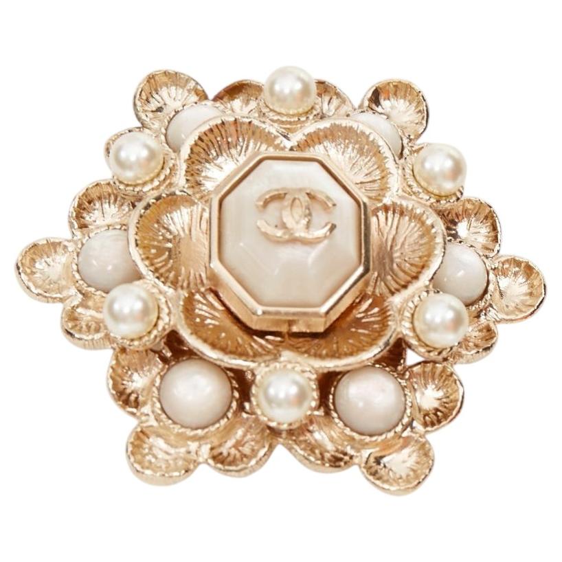 CHANEL B16C gold tone CC faux pearl embellished floral octogon medallion brooch