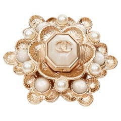 CHANEL B16C gold tone CC faux pearl embellished floral octogon medallion brooch
