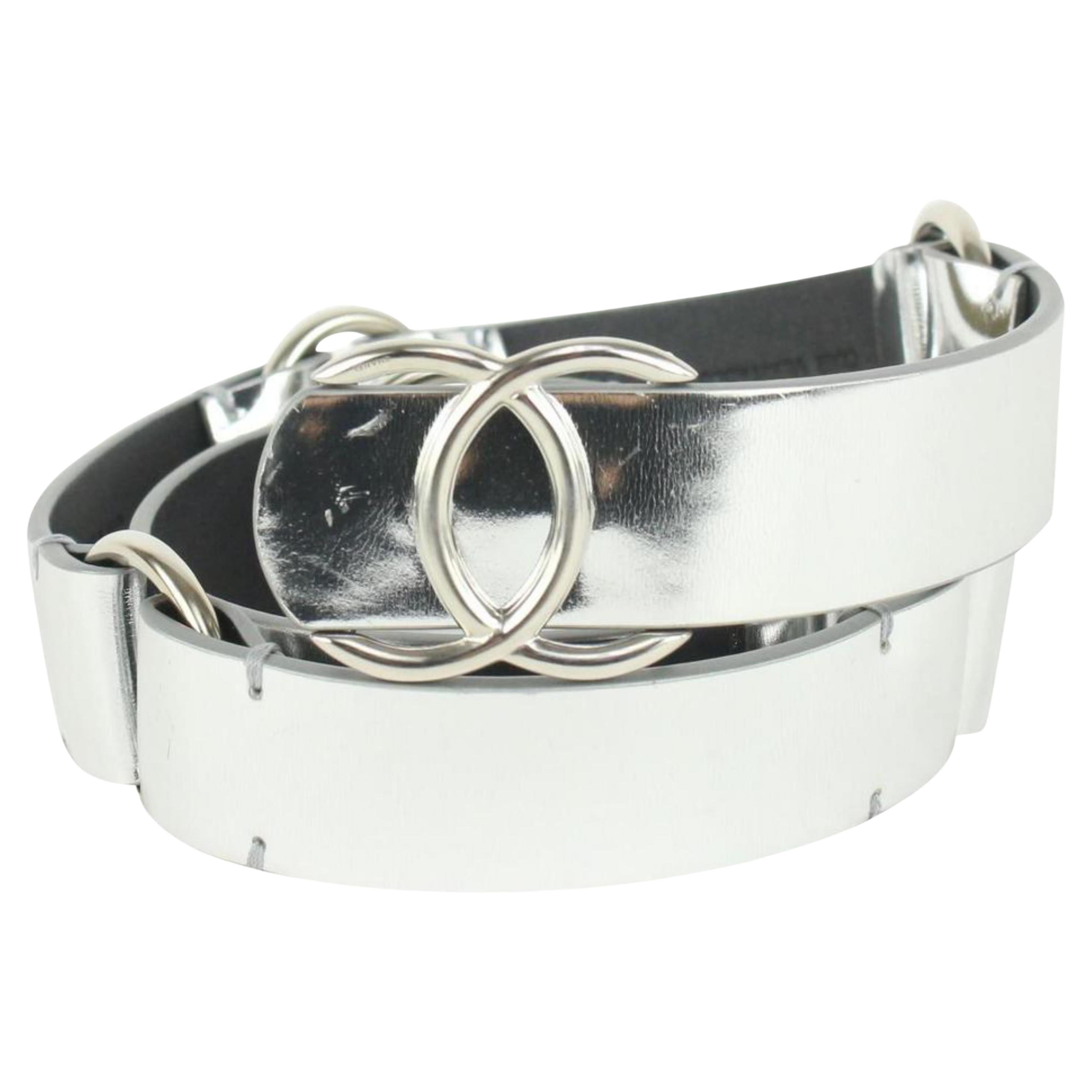 Chanel B16S Silver Leather CC Logo Belt For Sale at chanel white belt, chanel belt white