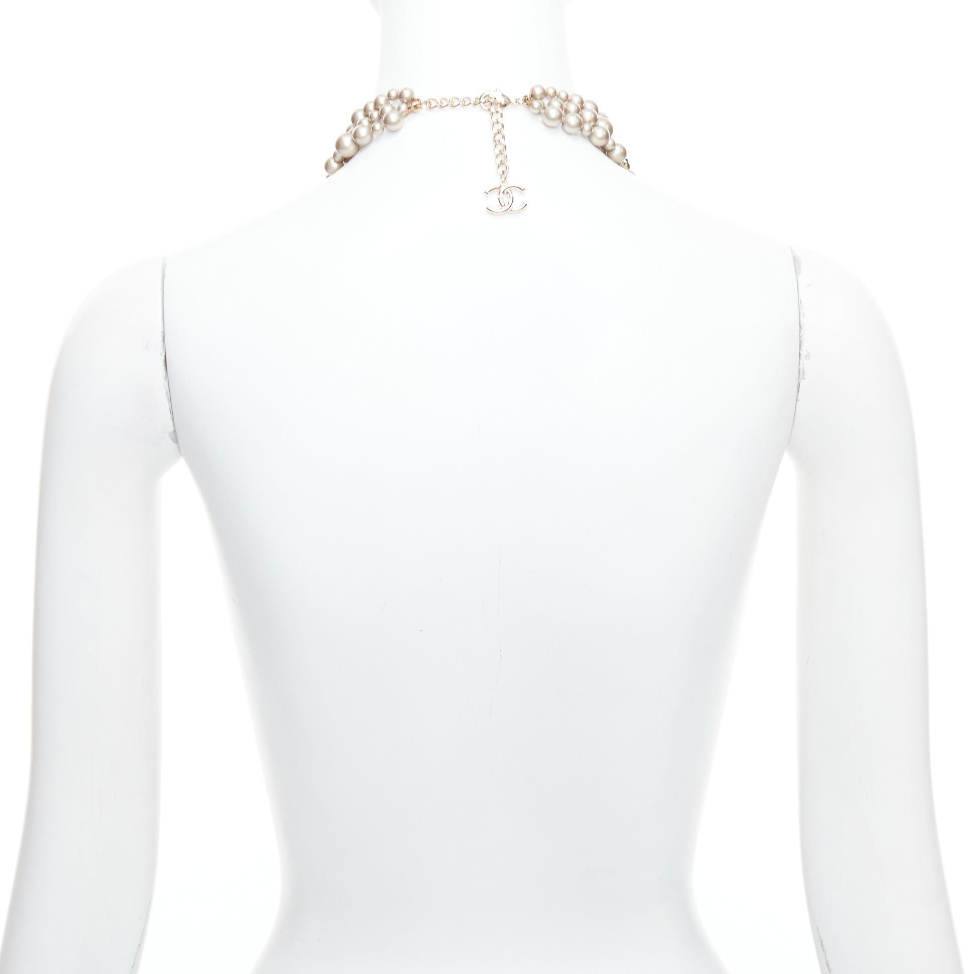 CHANEL B17 light grey faux pearl gold CC logo faceted charm triple necklace 1