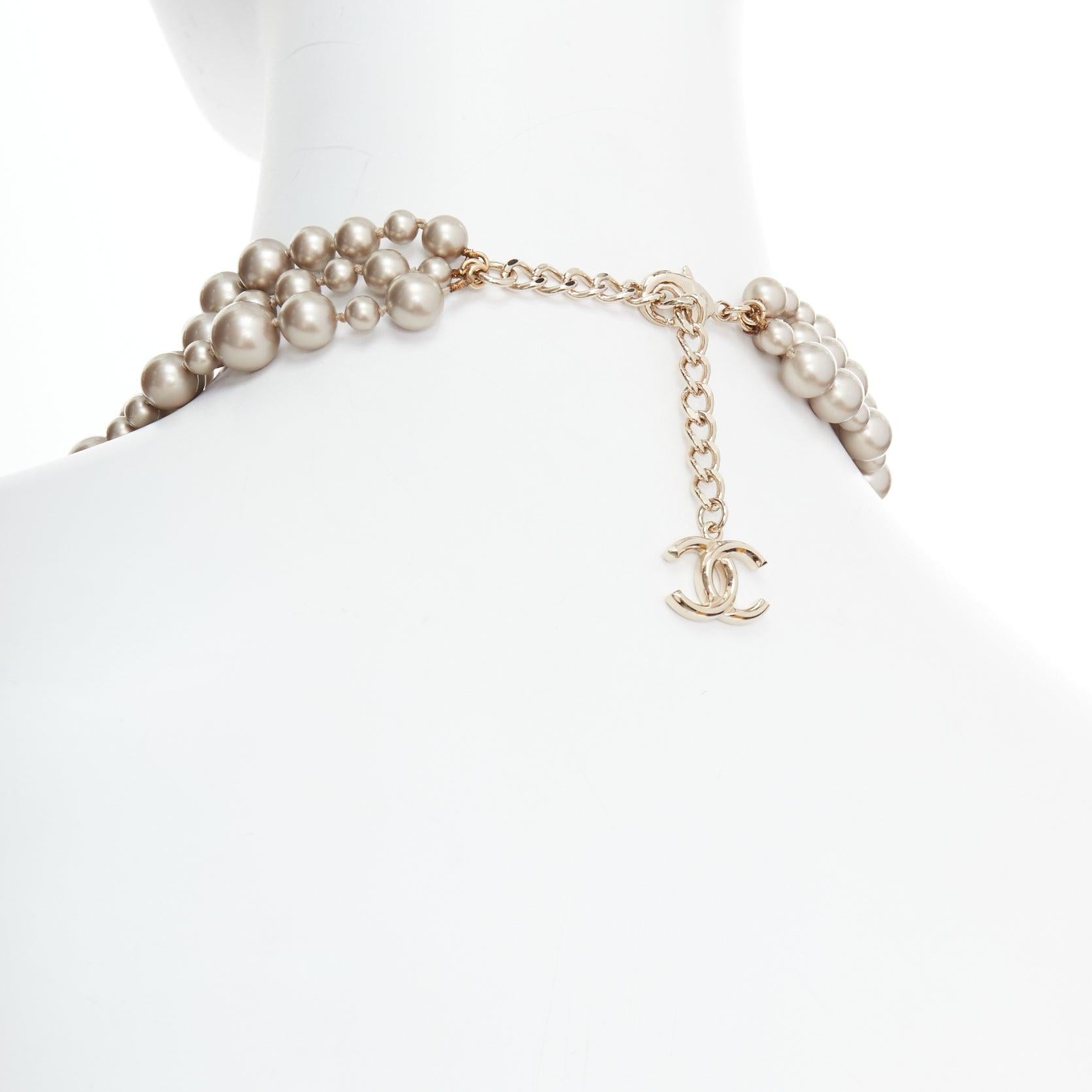 CHANEL B17 light grey faux pearl gold CC logo faceted charm triple necklace 3