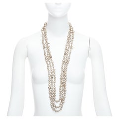 CHANEL B17 light grey faux pearl gold CC logo faceted charm triple necklace