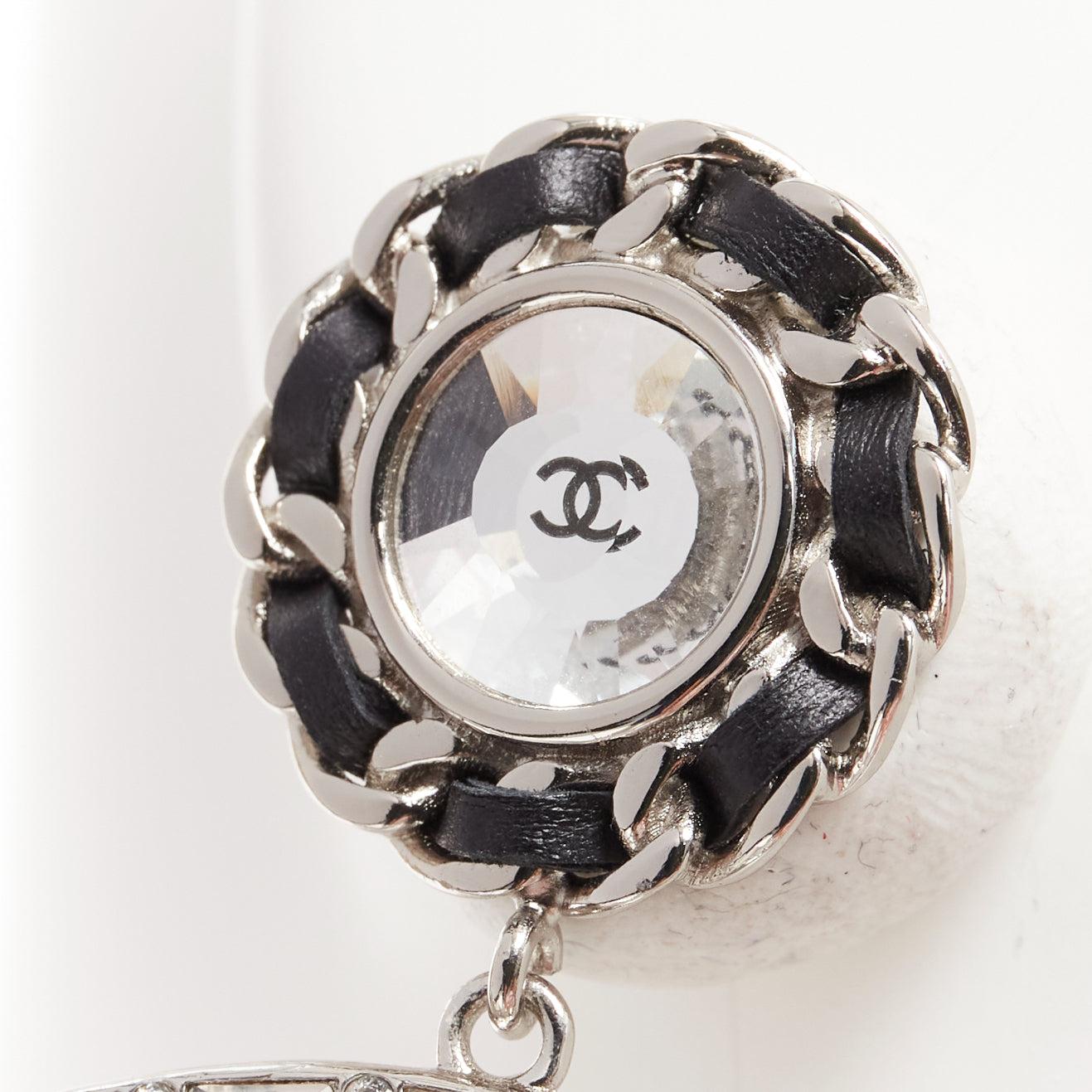 CHANEL B18K CC logo black leather chain trim dangling clip on earrings Pair 2