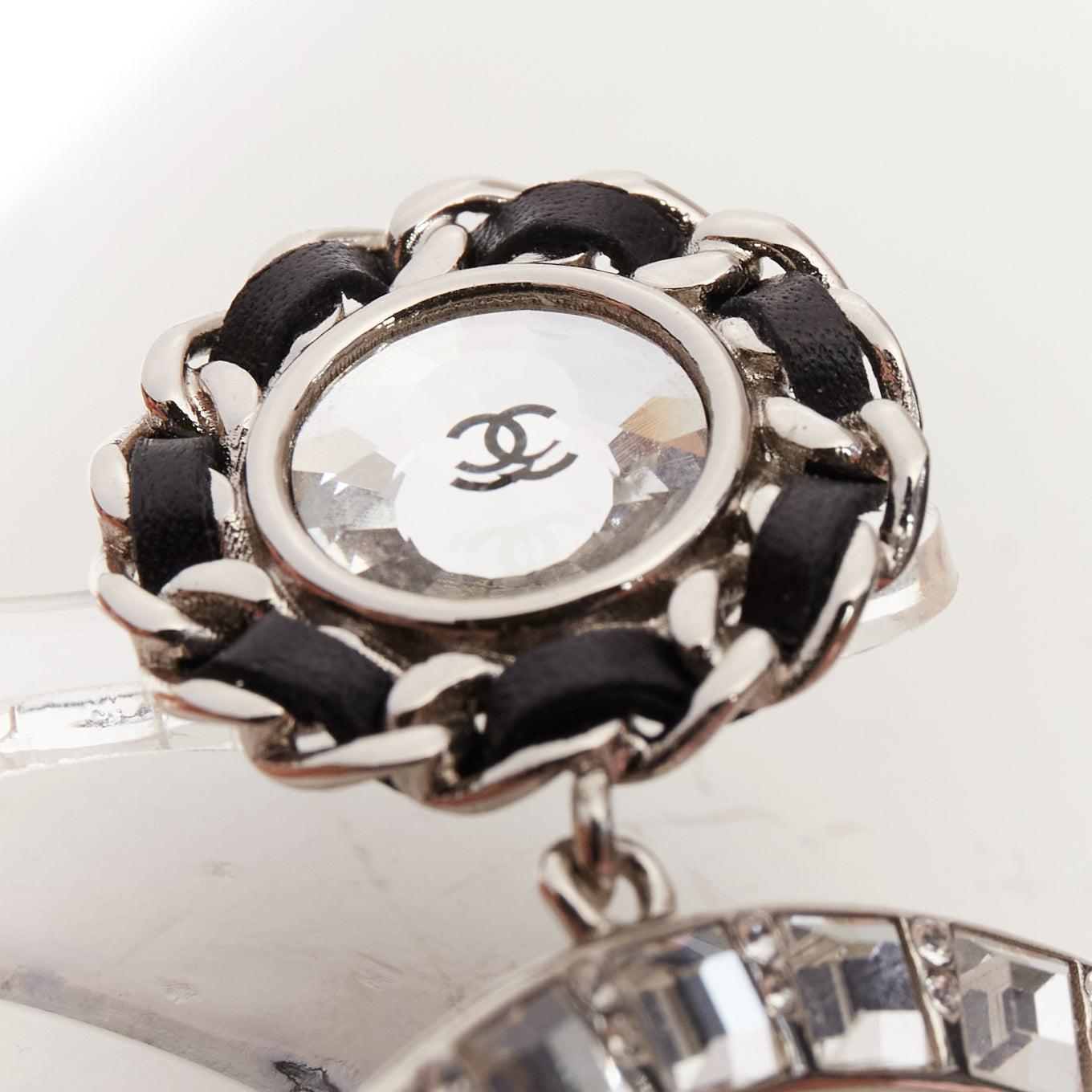 CHANEL B18K CC logo black leather chain trim dangling clip on earrings Pair 3