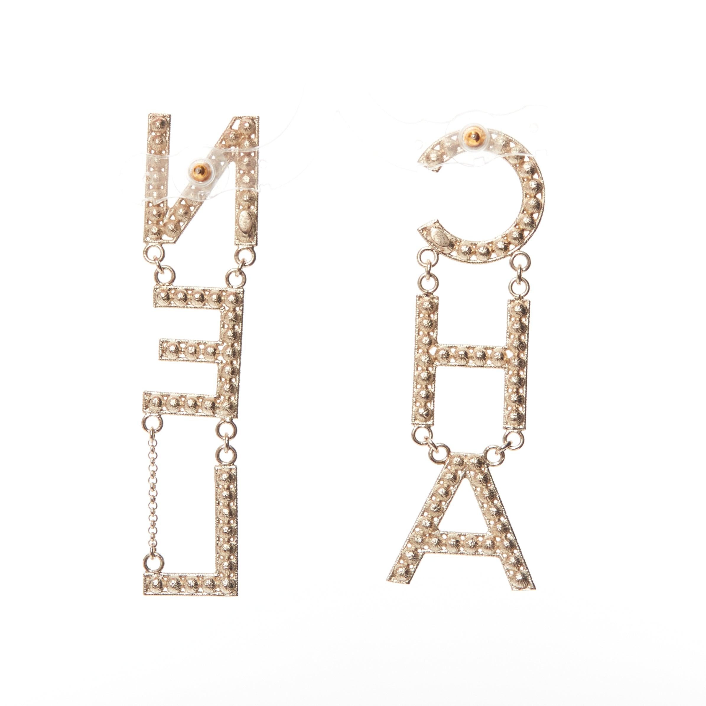 CHANEL B19S crystal CHA-NEL diamantes mismatch letter drop dangling pin earrings In Excellent Condition In Hong Kong, NT
