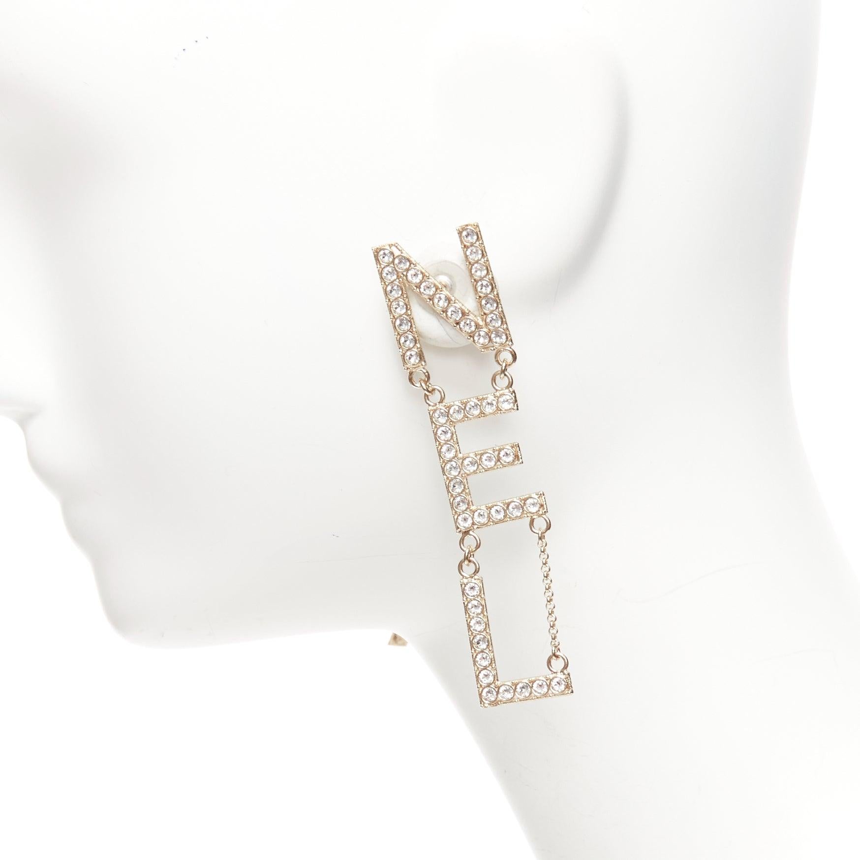 CHANEL B19S crystal CHA-NEL diamantes mismatch letter drop dangling pin earrings 2