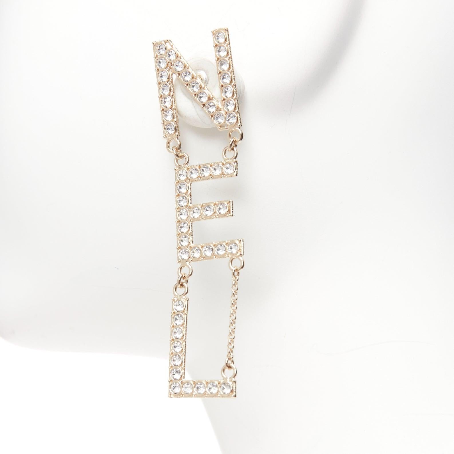 CHANEL B19S crystal CHA-NEL diamantes mismatch letter drop dangling pin earrings 4