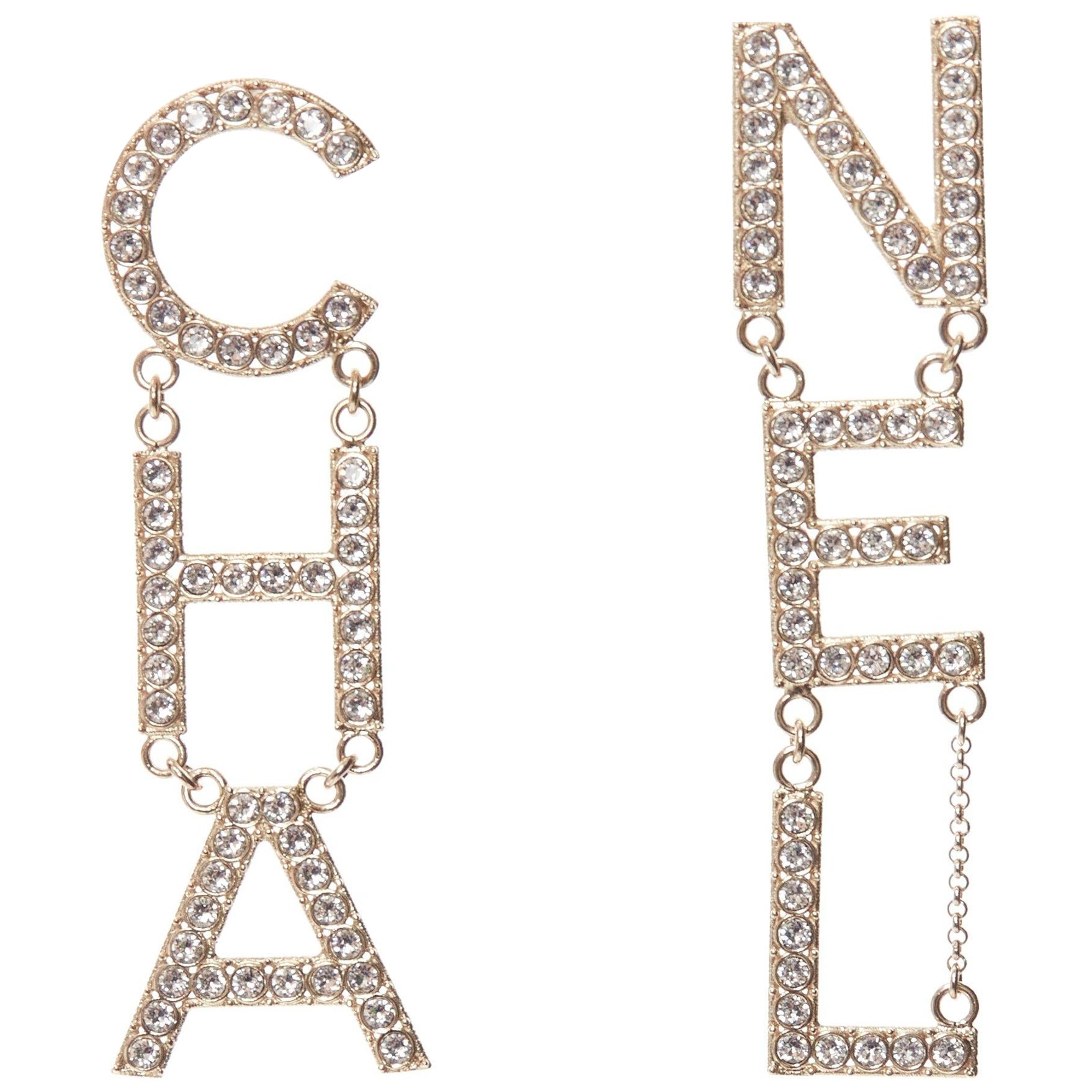 CHANEL B19S crystal CHA-NEL diamantes mismatch letter drop dangling pin earrings