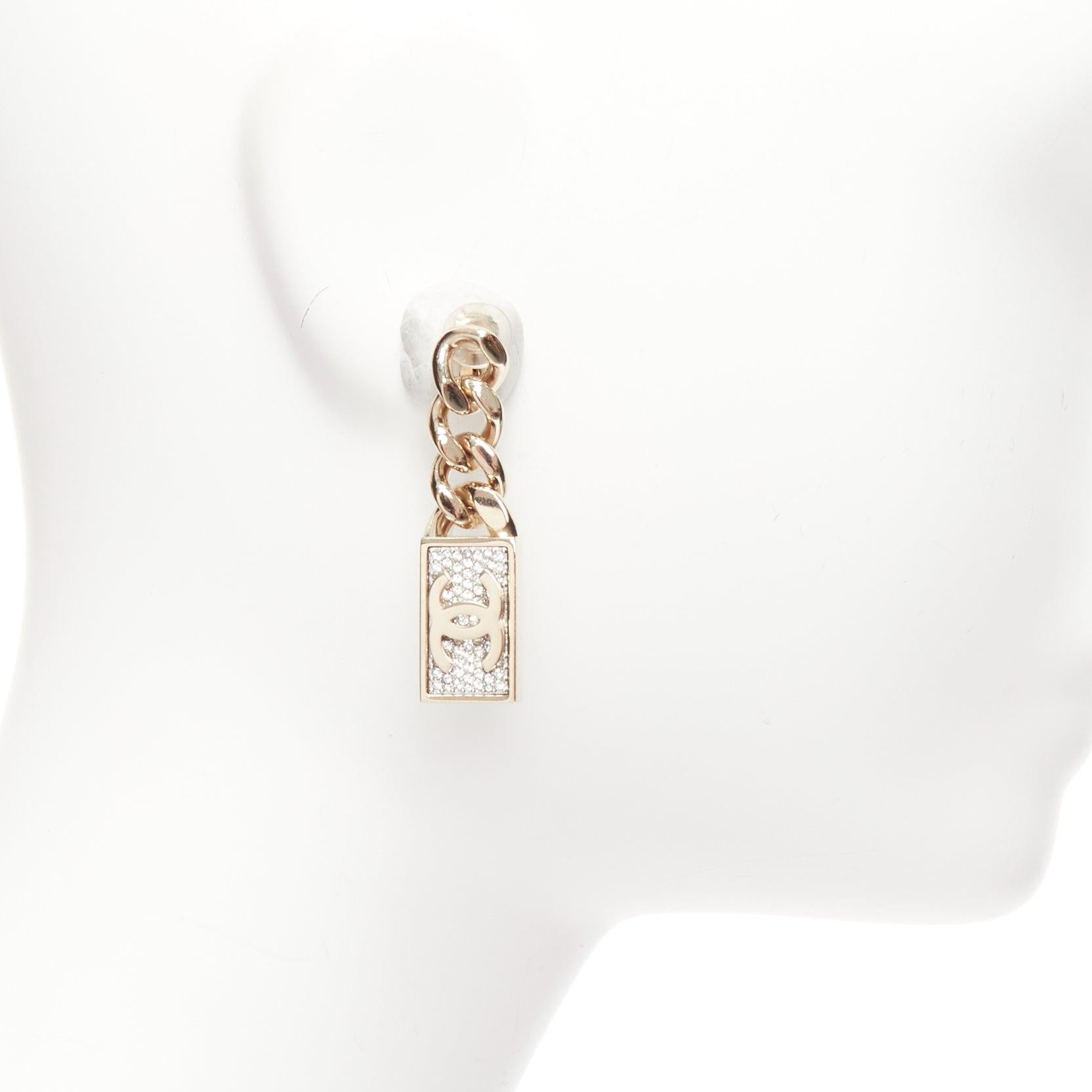 Women's CHANEL B21C CC crystal pave rectangle brick chain drop clip on earrings Pair For Sale