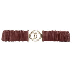 CHANEL B21K dark red ruched textured leather gold CC buckle elastic belt 70cm
