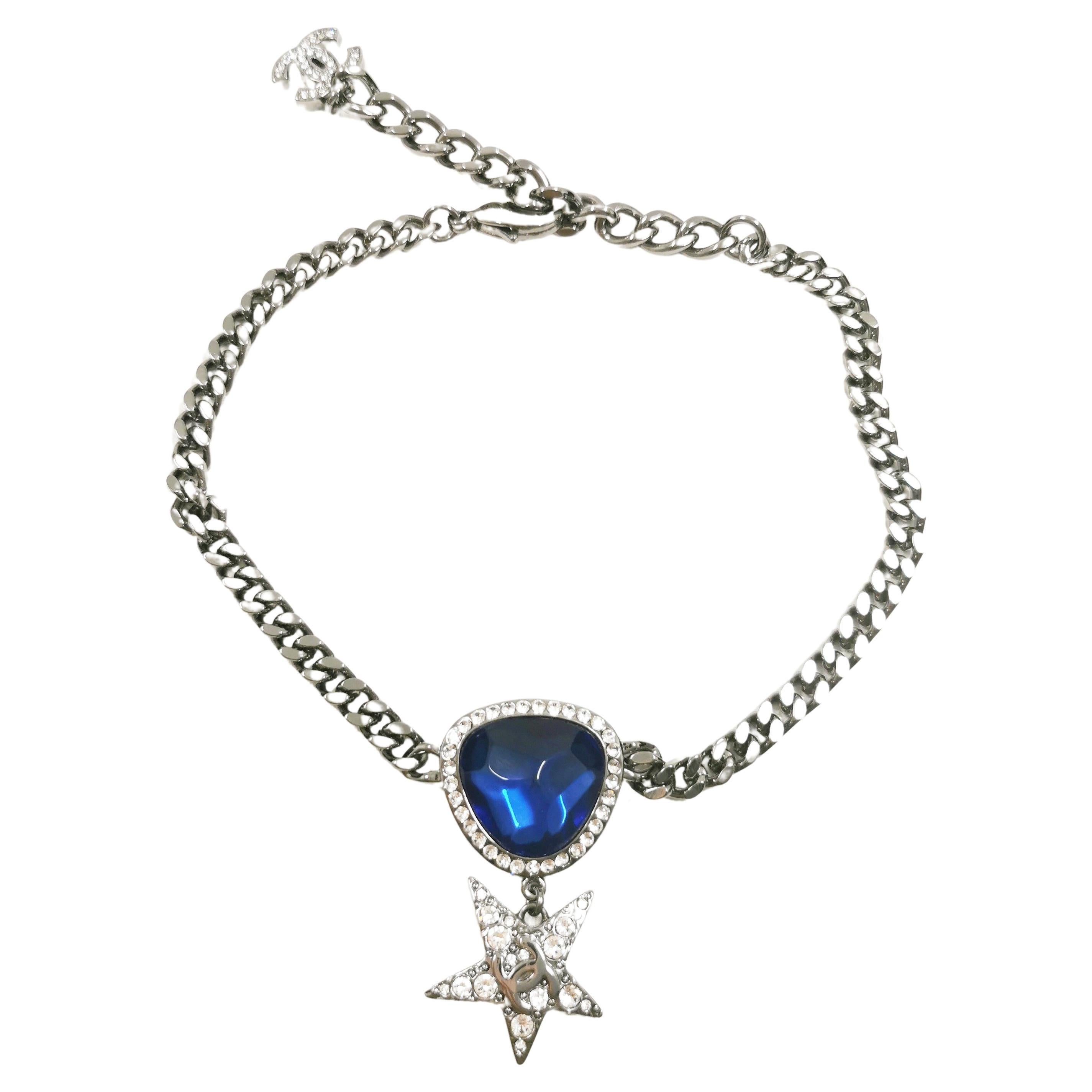 Chanel B22 Crystal Star CC Choker Drop Necklace Silver Blue