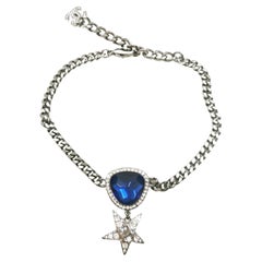 CHANEL B22 Crystal Star CC Choker Drop Necklace Silver Blue